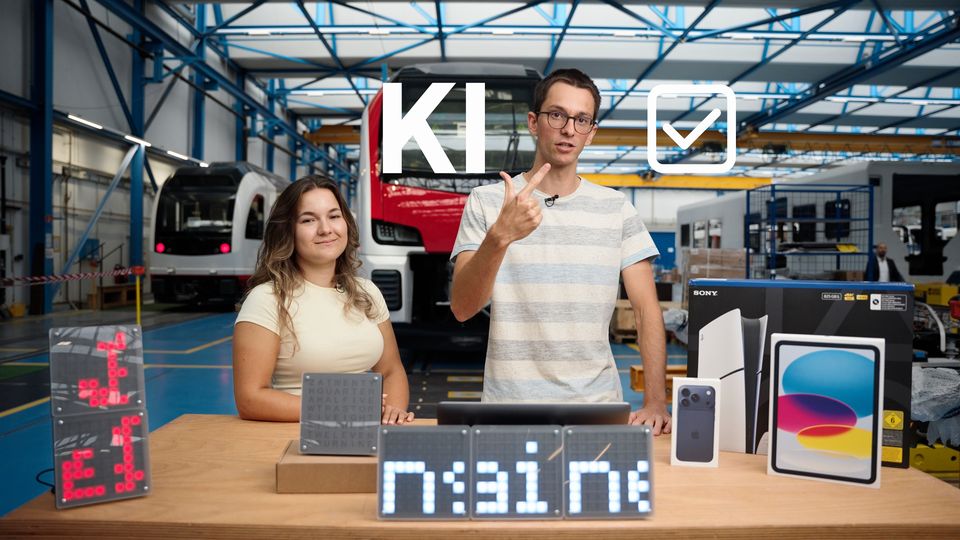Damian und Miriam am Tisch, dazu der Text: KI erlaubt